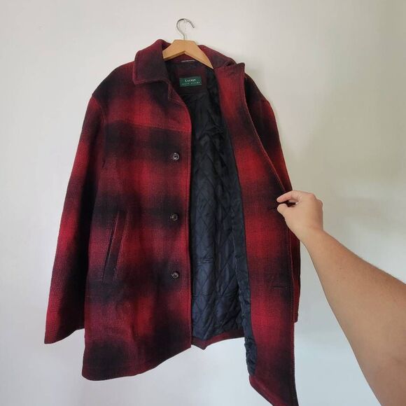 Lauren Ralph Lauren Red Black Plaid Wool Coat Quilted Lined Classic Overcoat - Picture 8 of 9